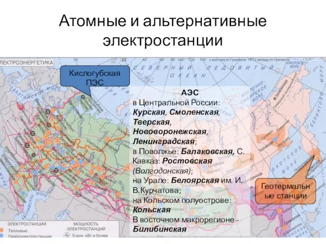 Атомные и альтернативные электростанции АЭС в Центральной России: Курская, Смоленская, Тверская, Нововоронежская,