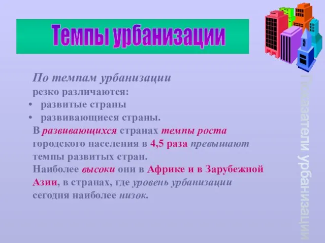 Показатели урбанизации Темпы урбанизации По темпам урбанизации резко различаются: развитые страны развивающиеся