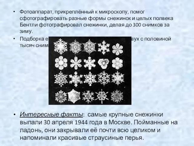 Фотоаппарат, прикреплённый к микроскопу, помог сфотографировать разные формы снежинок и целых полвека