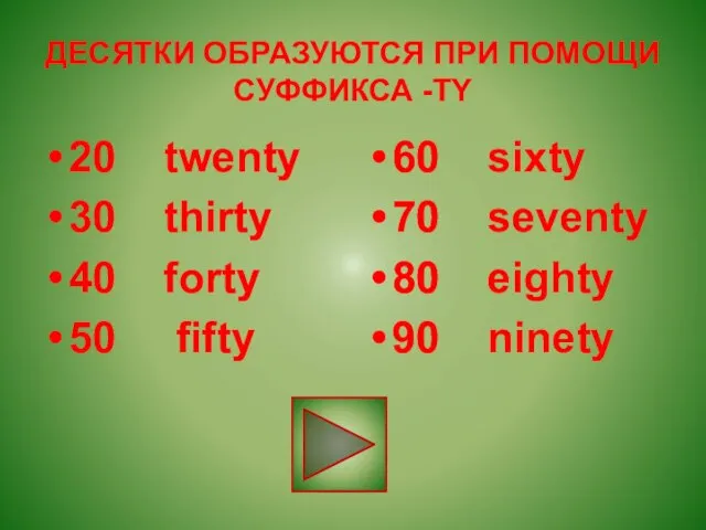 ДЕСЯТКИ ОБРАЗУЮТСЯ ПРИ ПОМОЩИ СУФФИКСА -TY 20 twenty 30 thirty 40 forty