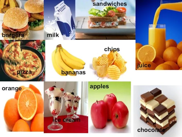 burgers chips sandwiches pizza milk juice orange bananas ice cream chocolate apples