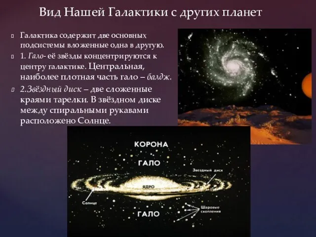 Вид Нашей Галактики с других планет Галактика содержит две основных подсистемы вложенные