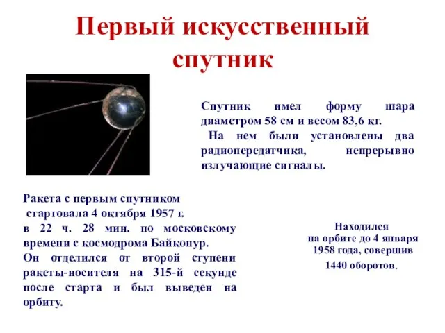 Первый искусственный спутник Ракета с первым спутником стартовала 4 октября 1957 г.