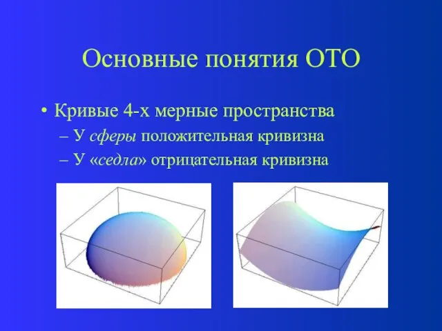 Основные понятия ОТО Кривые 4-х мерные пространства У сферы положительная кривизна У «седла» отрицательная кривизна