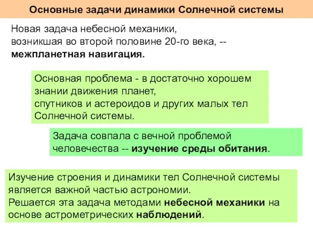 Основные задачи динамики Солнечной системы Новая задача небесной механики, возникшая во второй