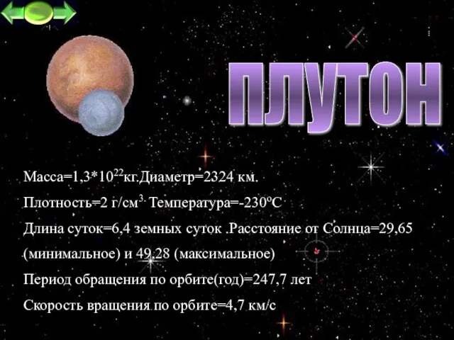 плутон Macca=1,3*1022кг.Диаметр=2324 км. Плотность=2 г/см3. Температура=-230oC Длина суток=6,4 земных суток .Расстояние от