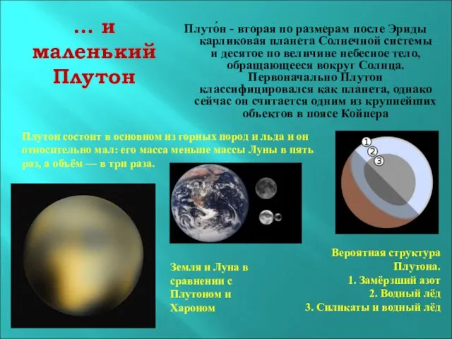 … и маленький Плутон Плуто́н - вторая по размерам после Эриды карликовая
