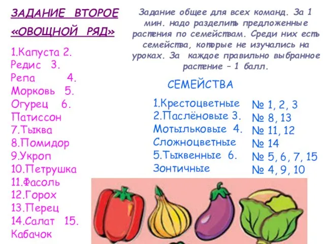 ЗАДАНИЕ ВТОРОЕ «ОВОЩНОЙ РЯД» Задание общее для всех команд. За 1 мин.