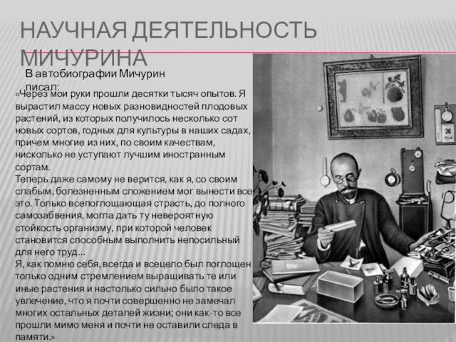 Научная деятельность мичурина «Через мои руки прошли десятки тысяч опытов. Я вырастил