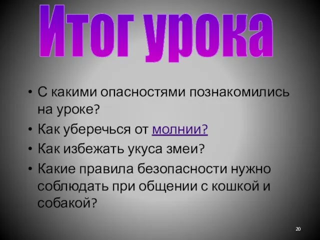 С какими опасностями познакомились на уроке? Как уберечься от молнии? Как избежать