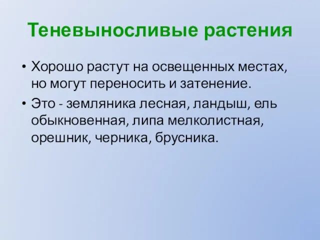 Теневыносливые растения Хорошо растут на освещенных местах, но могут переносить и затенение.