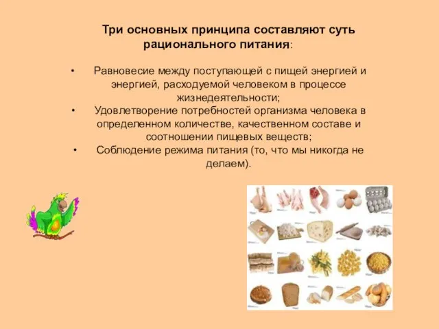 Три основных принципа составляют суть рационального питания: Равновесие между поступающей с пищей