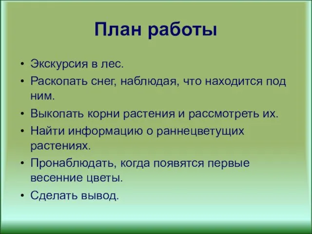 План работы Экскурсия в лес. Раскопать снег, наблюдая, что находится под ним.