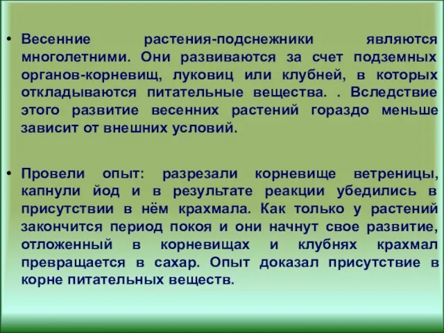 Весенние растения-подснежники являются многолетними. Они развиваются за счет подземных органов-корневищ, луковиц или