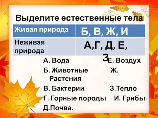 Выделите естественные тела живой природы: А. Вода Е. Воздух Б. Животные Ж.