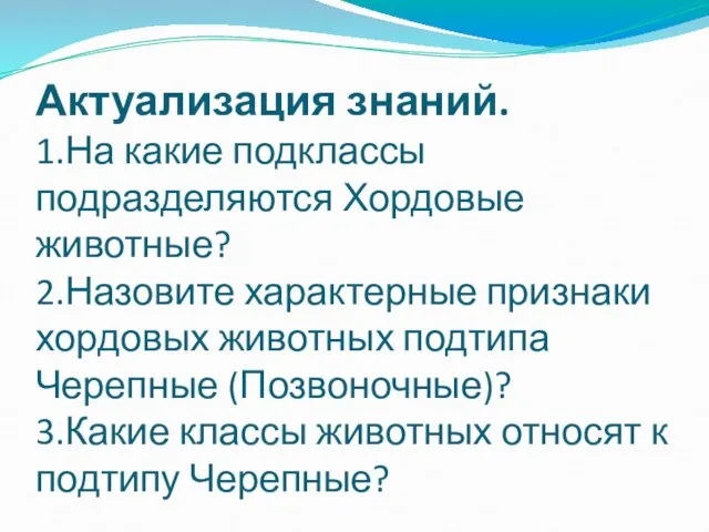 Актуализация знаний. 1.На какие подклассы подразделяются Хордовые животные? 2.Назовите характерные признаки хордовых