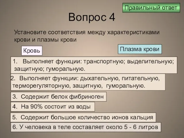 Вопрос 4 Установите соответствия между характеристиками крови и плазмы крови Кровь Плазма