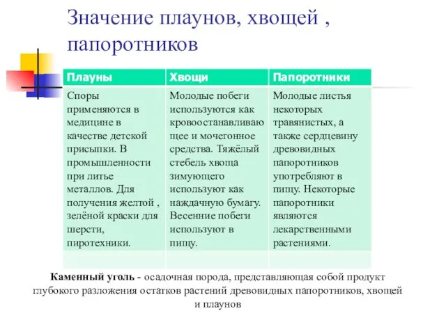 Значение плаунов, хвощей , папоротников Каменный уголь - осадочная порода, представляющая собой