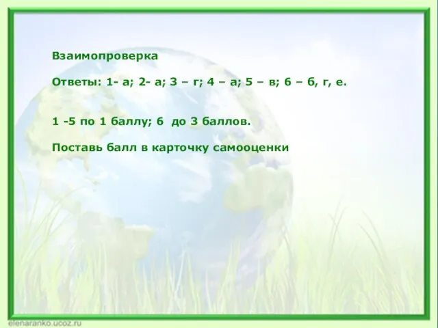 Взаимопроверка Ответы: 1- а; 2- а; 3 – г; 4 – а;