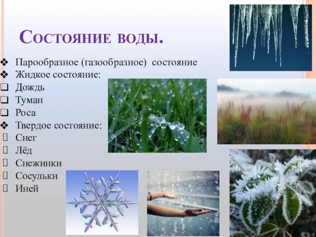 Состояние воды. Парообразное (газообразное) состояние Жидкое состояние: Дождь Туман Роса Твердое состояние: