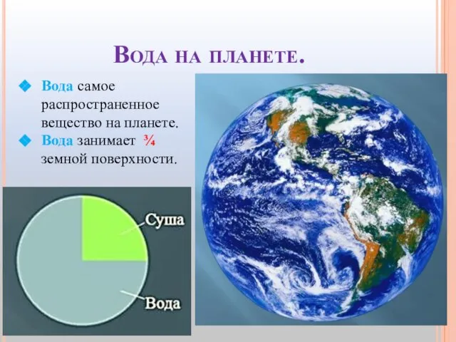 Вода на планете. Вода самое распространенное вещество на планете. Вода занимает ¾ земной поверхности.