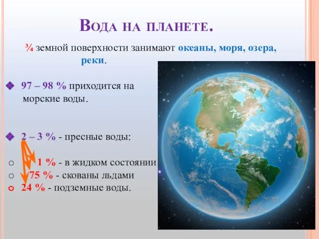 Вода на планете. ¾ земной поверхности занимают океаны, моря, озера, реки. 97