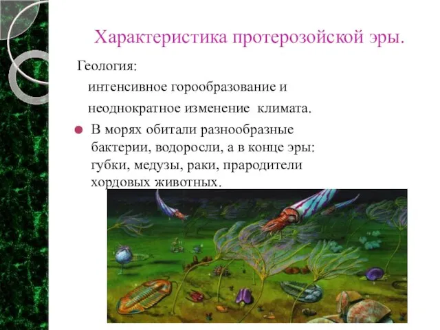 Характеристика протерозойской эры. Геология: интенсивное горообразование и неоднократное изменение климата. В морях