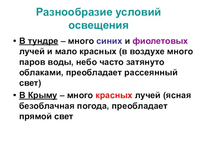 Разнообразие условий освещения В тундре – много синих и фиолетовых лучей и