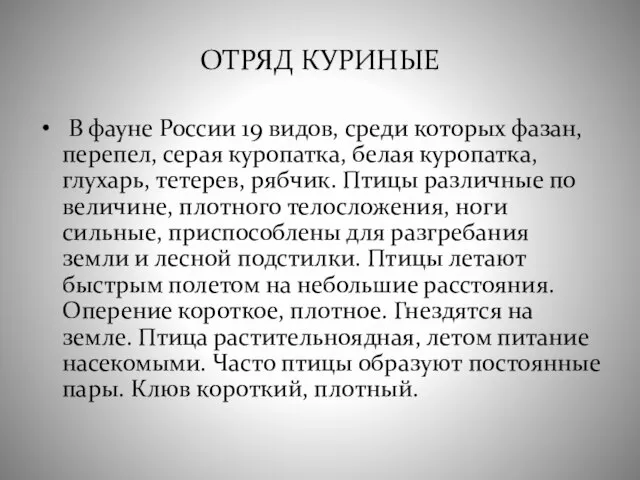 ОТРЯД КУРИНЫЕ В фауне России 19 видов, среди которых фазан, перепел, серая