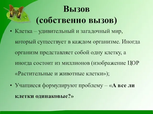 Вызов (собственно вызов) Клетка – удивительный и загадочный мир, который существует в