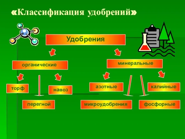 «Классификация удобрений» Удобрения органические минеральные торф навоз перегной азотные калийные фосфорные микроудобрения