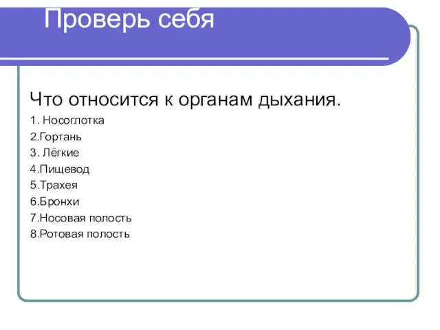 Проверь себя Что относится к органам дыхания. 1. Носоглотка 2.Гортань 3. Лёгкие