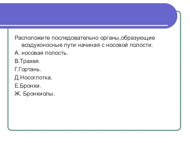 Расположите последовательно органы,образующие воздухоносные пути начиная с носовой полости. А. носовая полость.