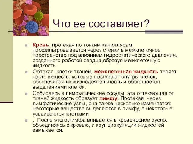 Кровь, протекая по тонким капиллярам, профильтровывается через стенки в межклеточное пространство под