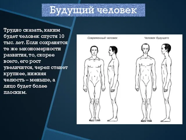 Будущий человек Трудно сказать, каким будет человек спустя 10 тыс. лет. Если