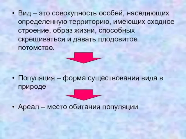 Вид – это совокупность особей, населяющих определенную территорию, имеющих сходное строение, образ