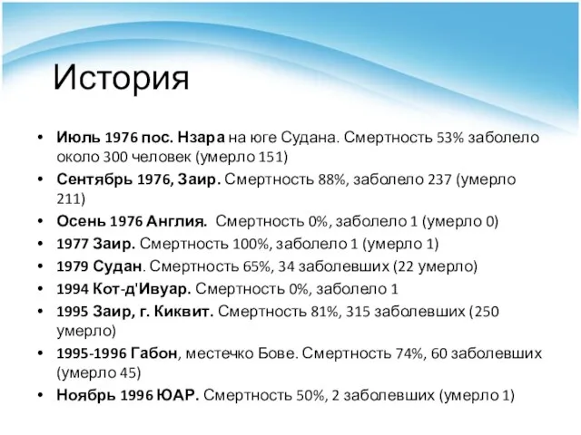 История Июль 1976 пос. Нзара на юге Судана. Смертность 53% заболело около