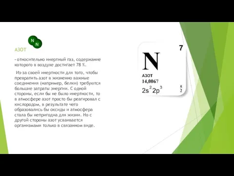 АЗОТ - относительно инертный газ, содержание которого в воздухе достигает 78 %.