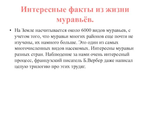 Интересные факты из жизни муравьёв. На Земле насчитывается около 6000 видов муравьев,