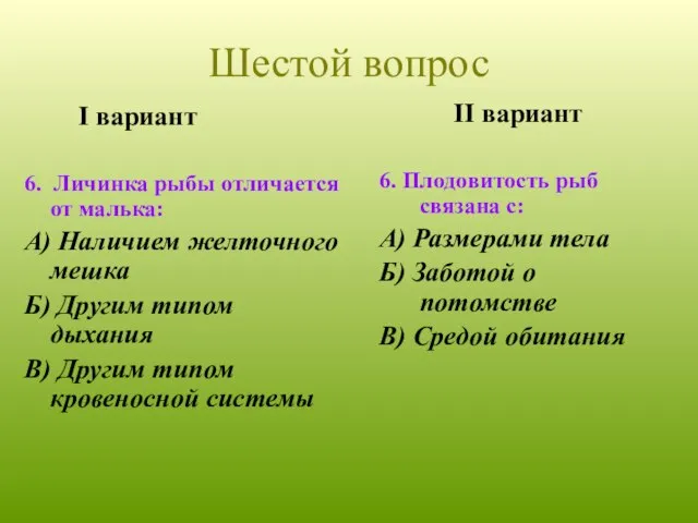 I вариант 6. Личинка рыбы отличается от малька: А) Наличием желточного мешка