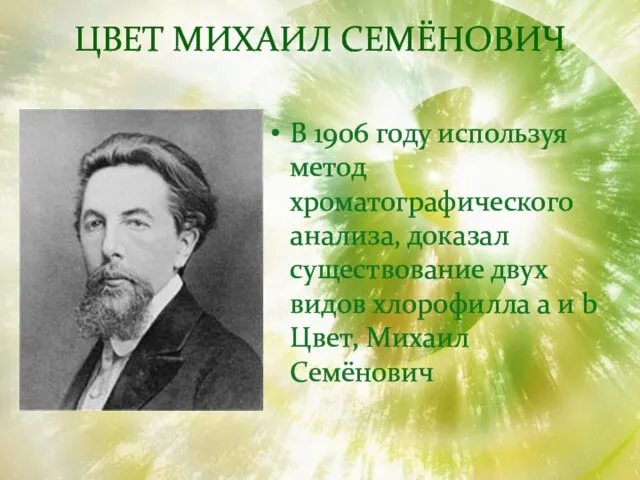 Цвет Михаил Семёнович В 1906 году используя метод хроматографического анализа, доказал существование