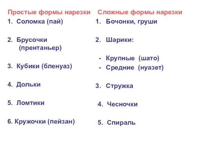 Простые формы нарезки 1. Соломка (пай) 2. Брусочки (прентаньер) 3. Кубики (бленуаз)