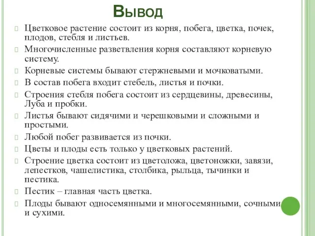 Вывод Цветковое растение состоит из корня, побега, цветка, почек, плодов, стебля и