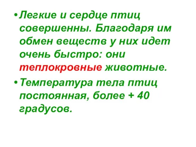 Легкие и сердце птиц совершенны. Благодаря им обмен веществ у них идет