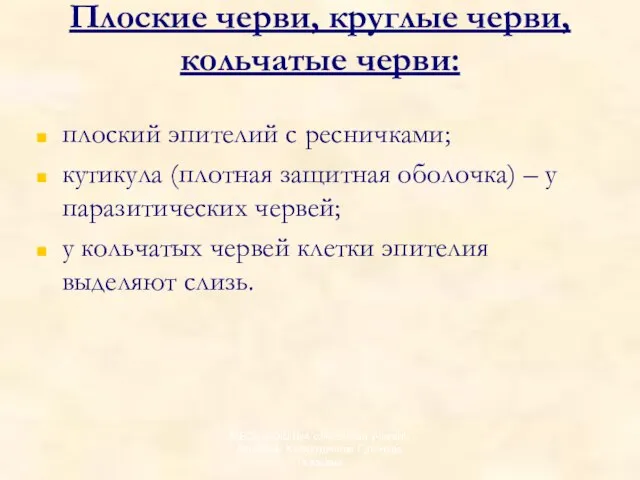 Плоские черви, круглые черви, кольчатые черви: плоский эпителий с ресничками; кутикула (плотная