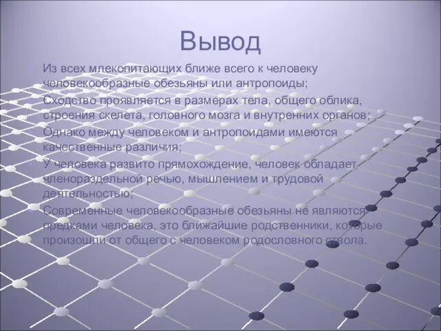 Вывод Из всех млекопитающих ближе всего к человеку человекообразные обезьяны или антропоиды;