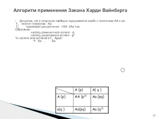 Допустим, что в популяции свободно скрещиваются особи с генотипами АА и аа.