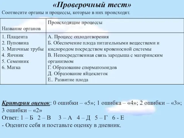 «Проверочный тест» Соотнесите органы и процессы, которые в них происходят. Критерии оценок: