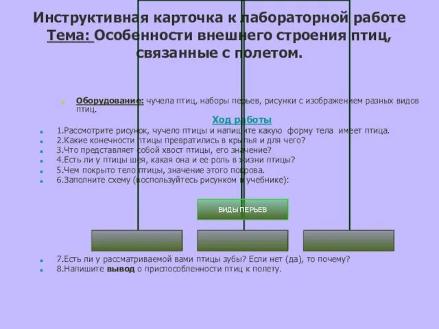 Инструктивная карточка к лабораторной работе Тема: Особенности внешнего строения птиц, связанные с