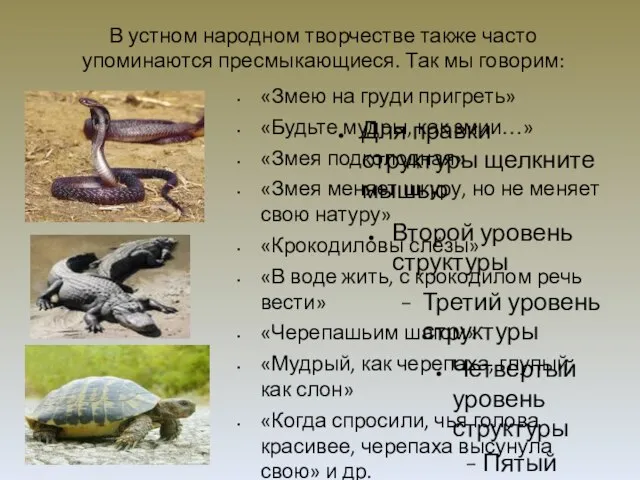 В устном народном творчестве также часто упоминаются пресмыкающиеся. Так мы говорим: «Змею